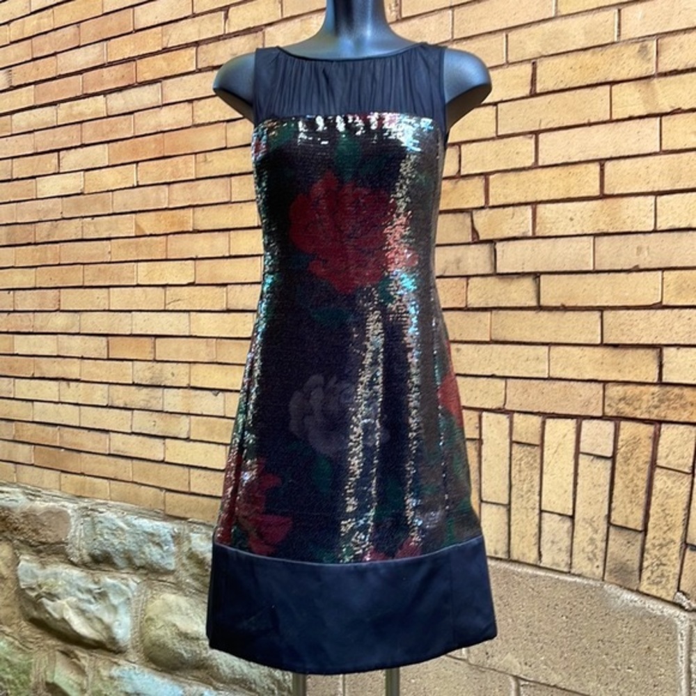 Kay Unger New York Black Floral Sequin Sheath Dress Size 2